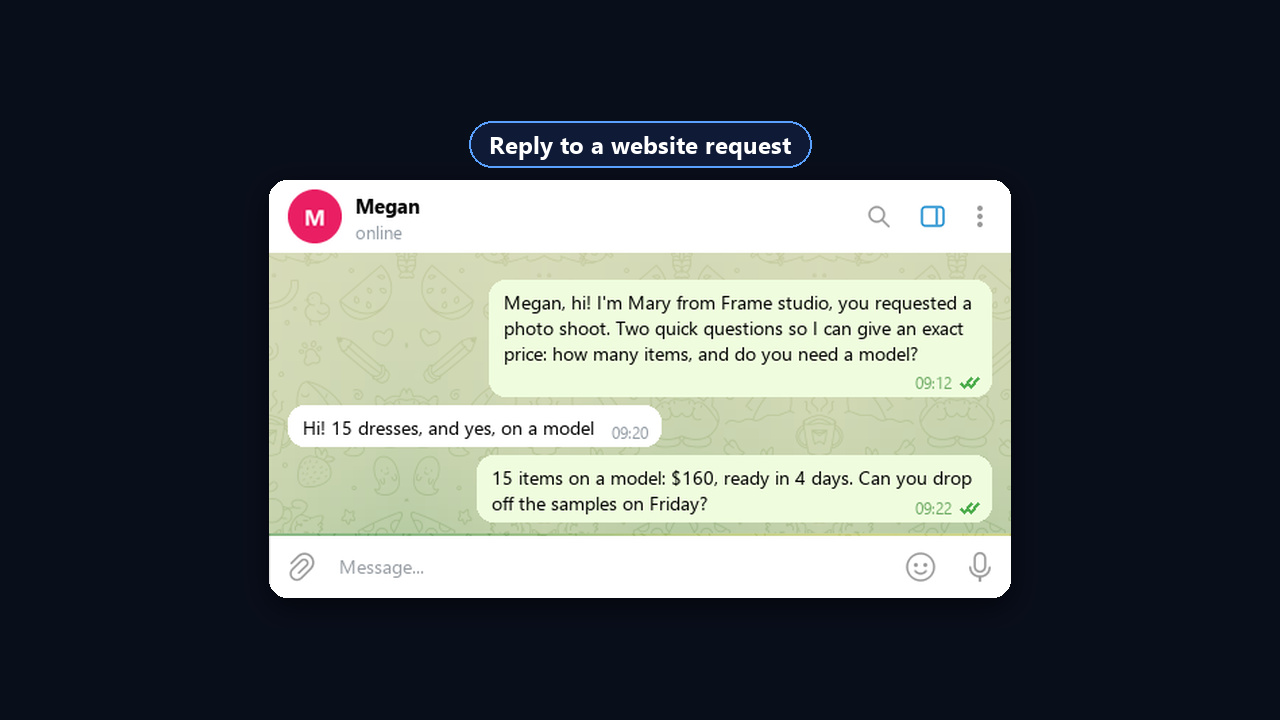 Warm first message: reply to a website request