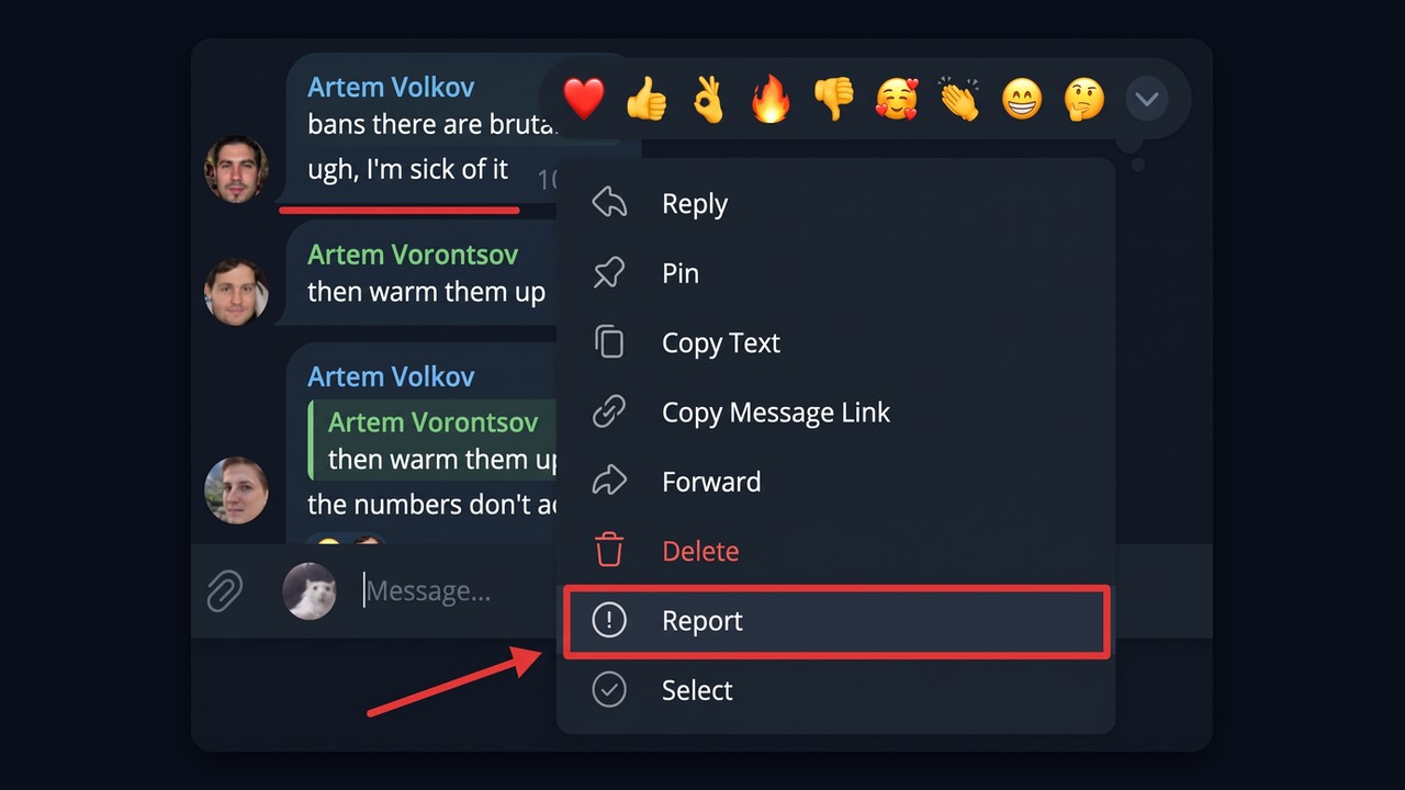 How to report on Telegram: the Report item in the message menu