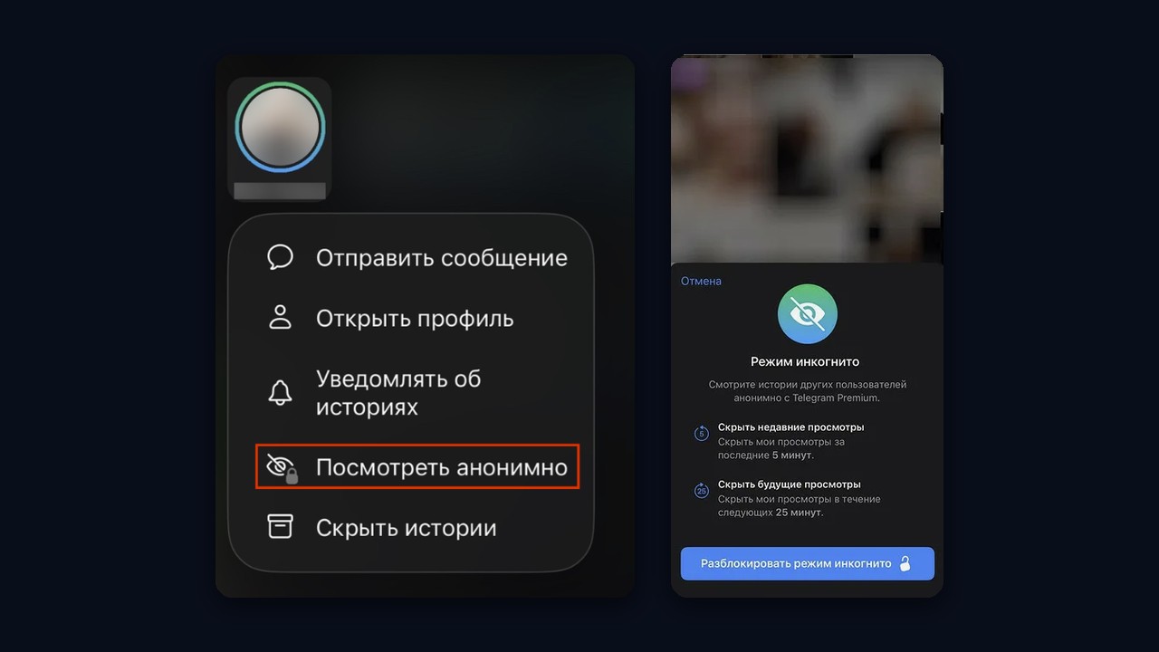 Режим инкогнито для анонимного просмотра историй в Telegram Premium