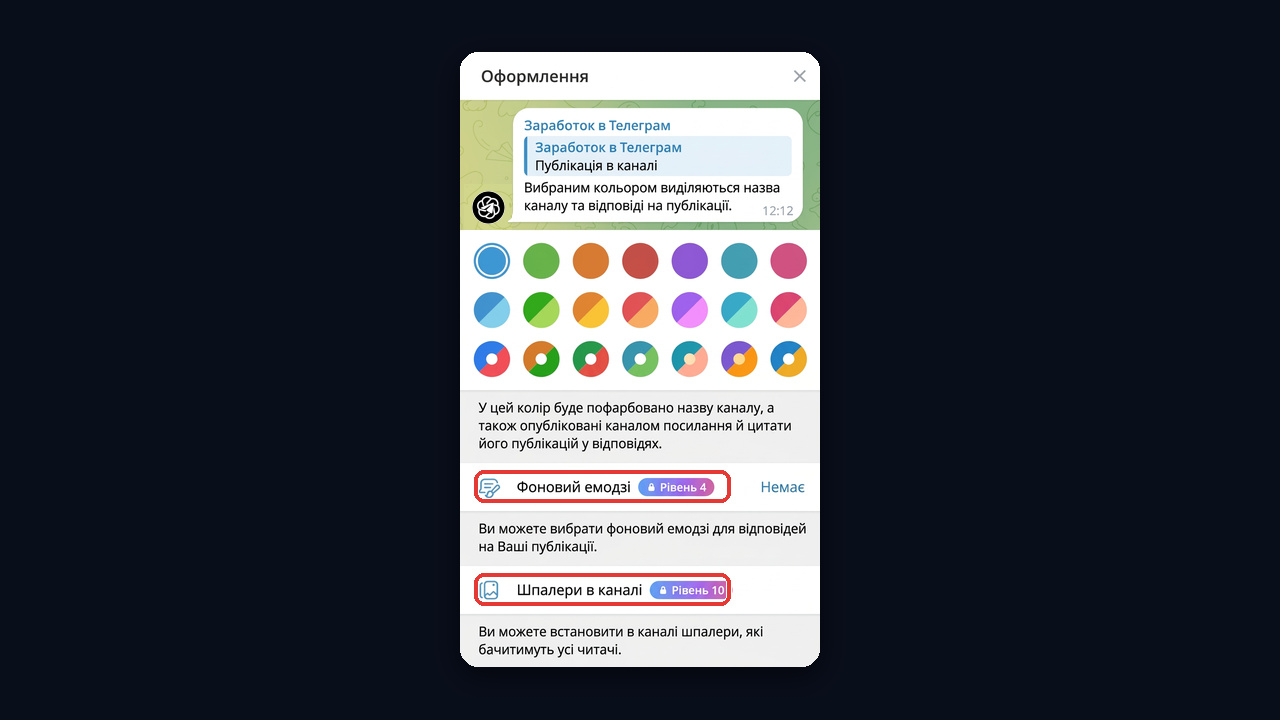 Рівень каналу в телеграм у налаштуваннях оформлення: фоновий емодзі з 4 рівня, шпалери з 10
