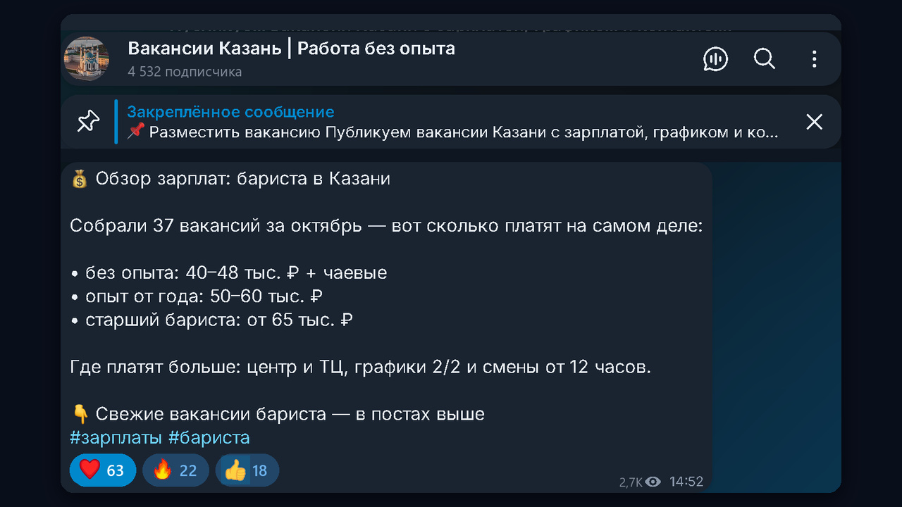 Рубрика «Обзор зарплат» в тг канале вакансий с реакциями подписчиков