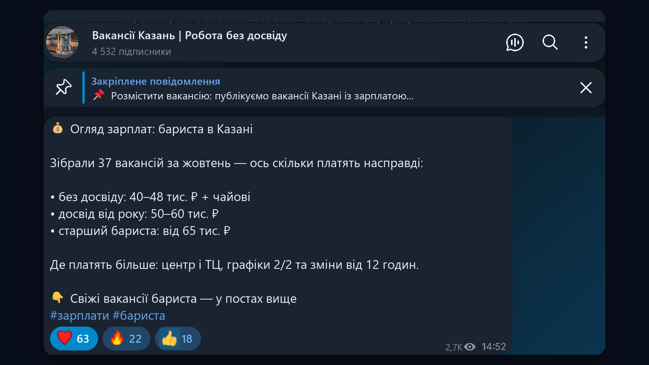 Рубрика «Огляд зарплат» у телеграм каналі вакансій із реакціями