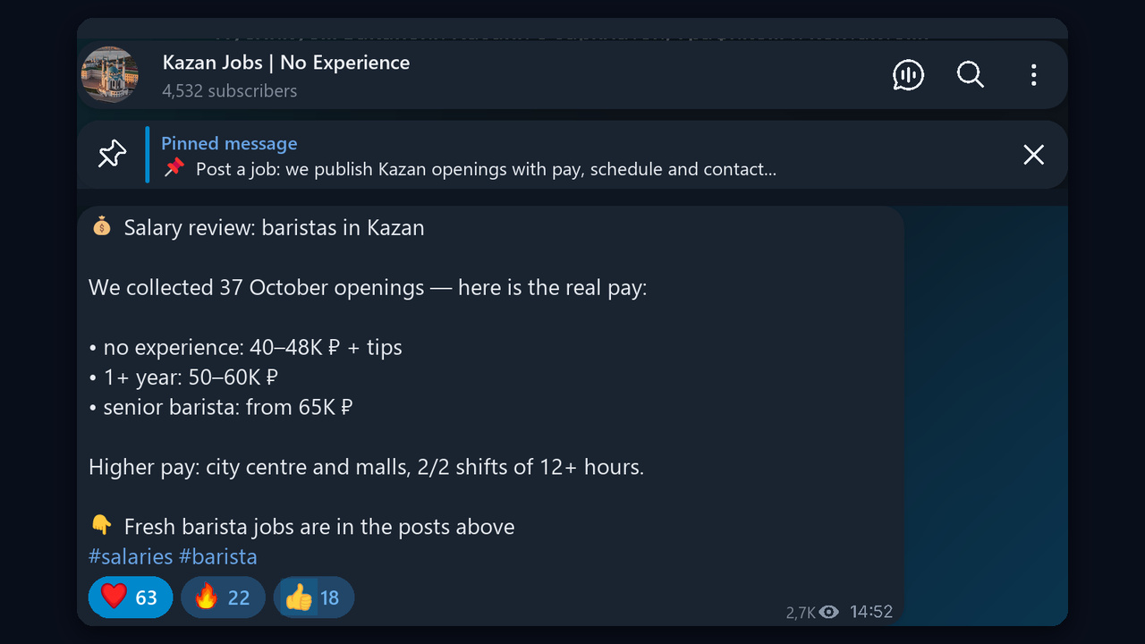 A «Salary review» column in a Telegram job channel with reactions