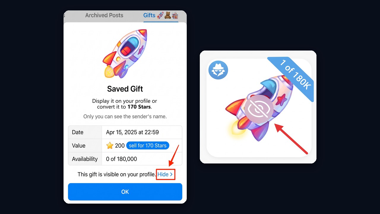 Saved Telegram gift: display on profile, hide or convert to Stars