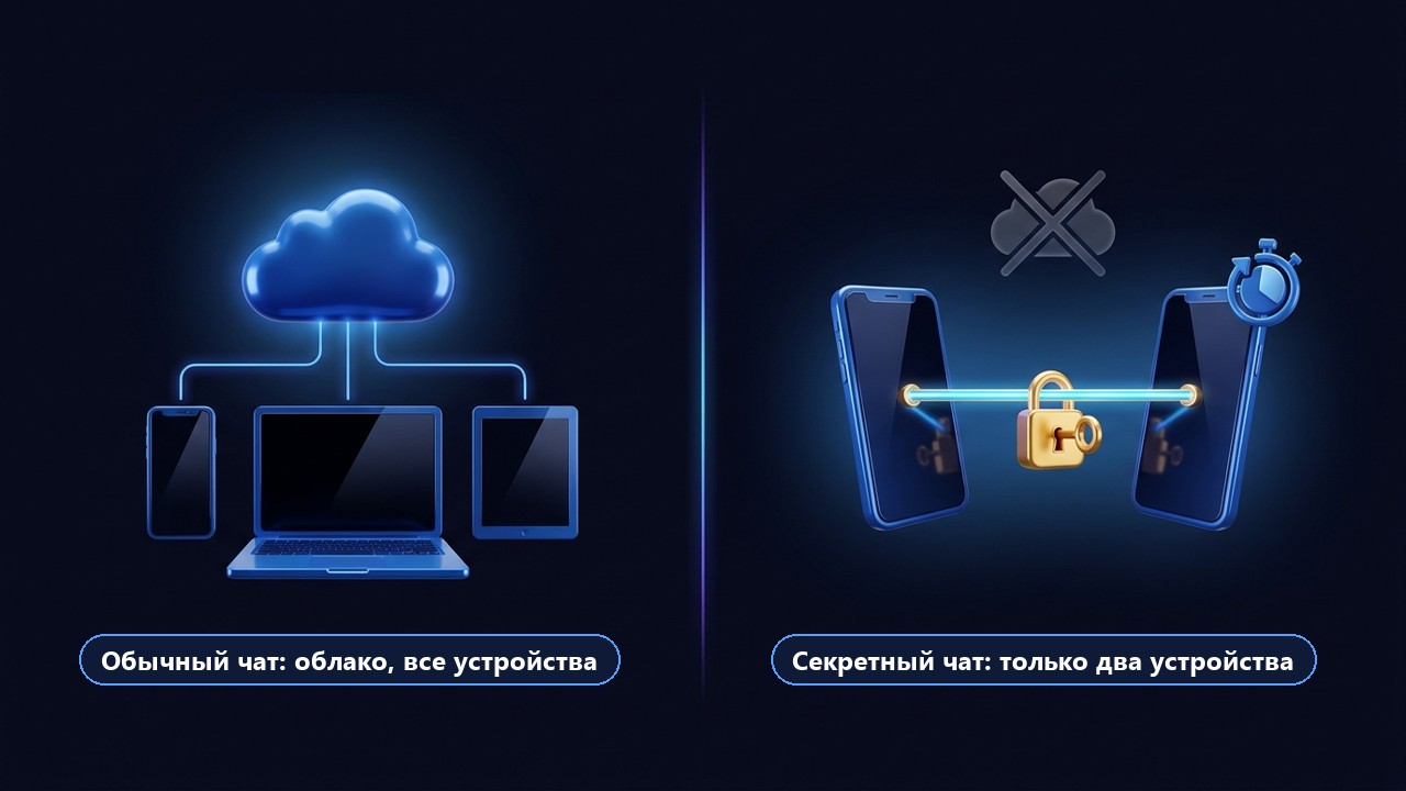 Секретный чат в телеграмме и обычный: облако против двух устройств