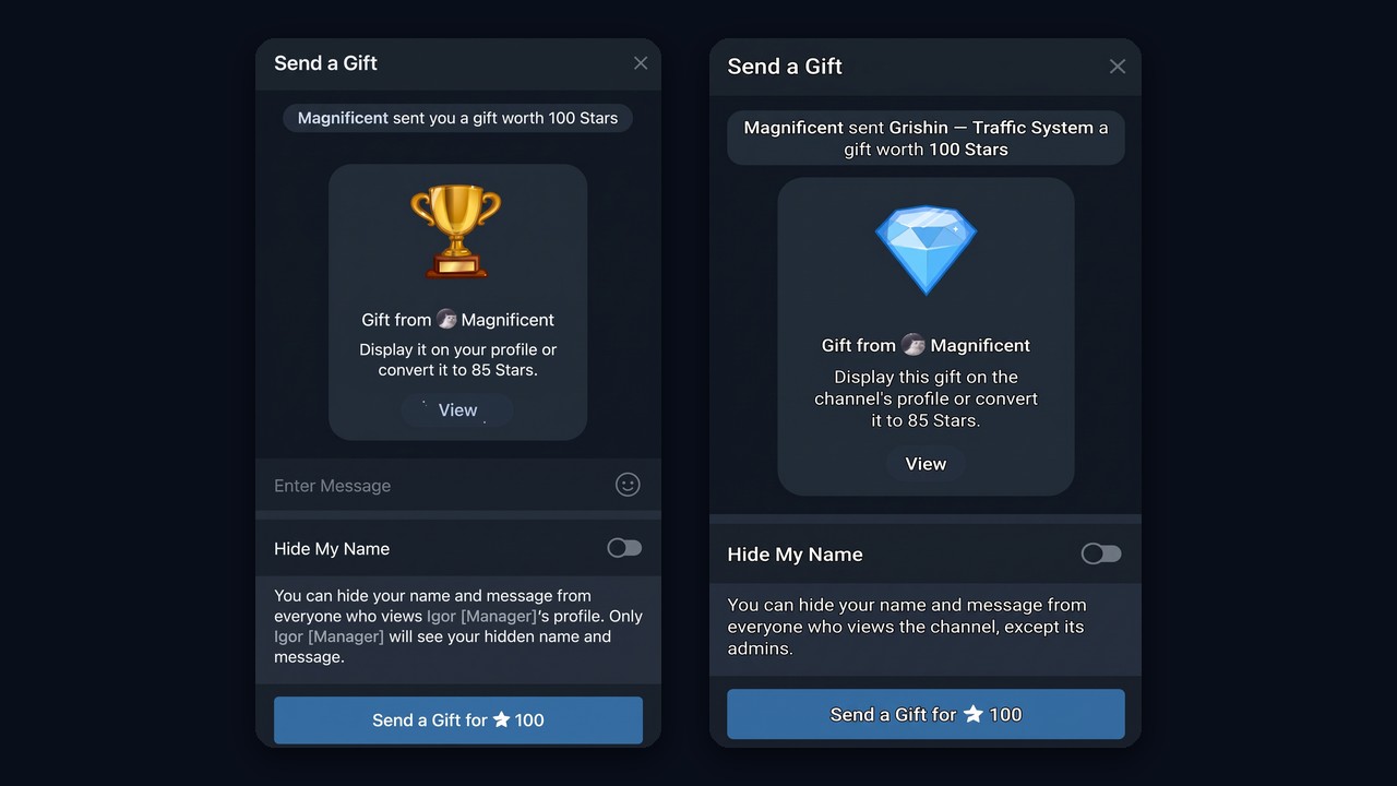 How to send a Telegram gift to a friend or a channel: the Send a Gift window
