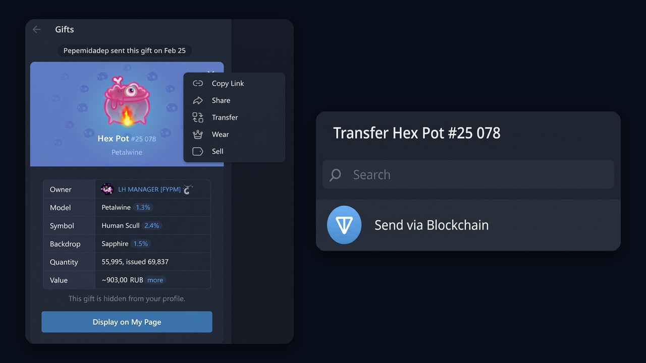 Moving a Telegram gift to TON: Transfer and Send via Blockchain