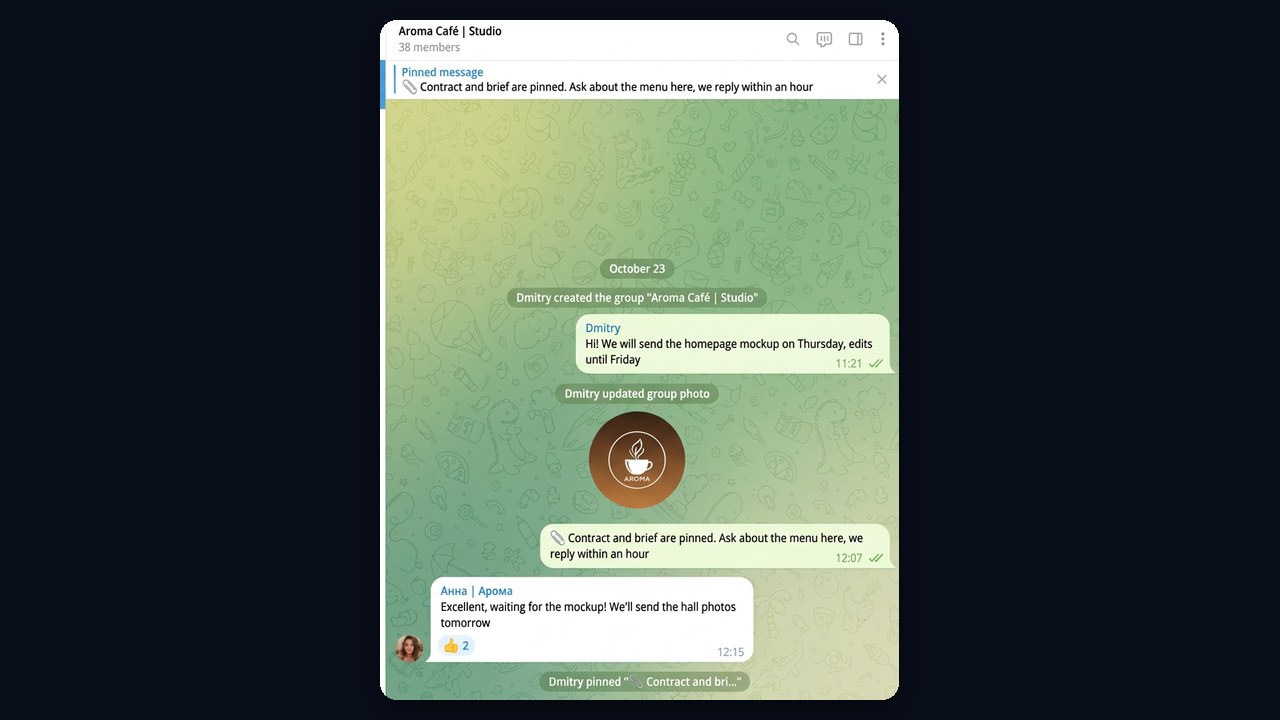 Shared client chat in Telegram: the Aroma Café | Studio group with the brief pinned