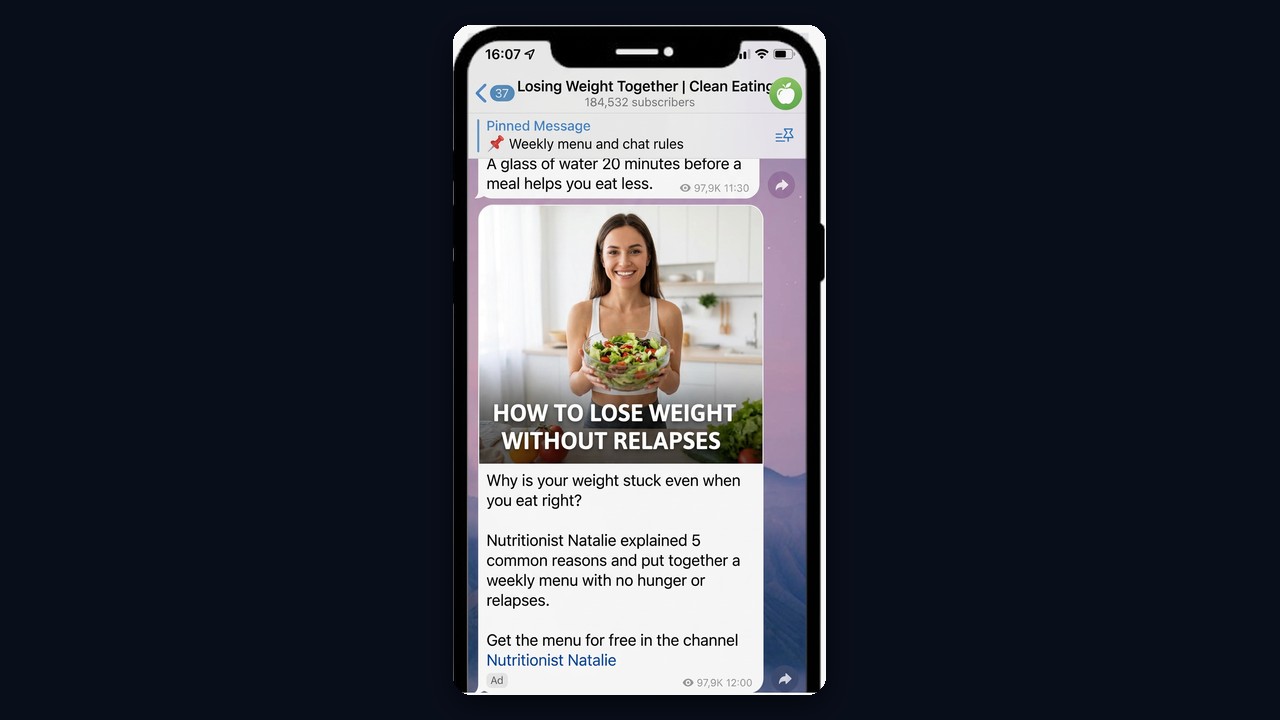 A shoutout example in a weight-loss Telegram channel linking to a nutritionist
