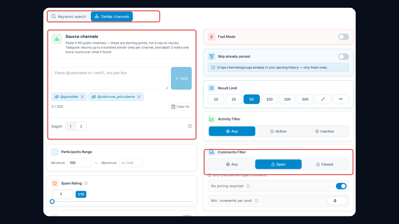 GramGPT similar channels parser: source channels, depth 2, open comments