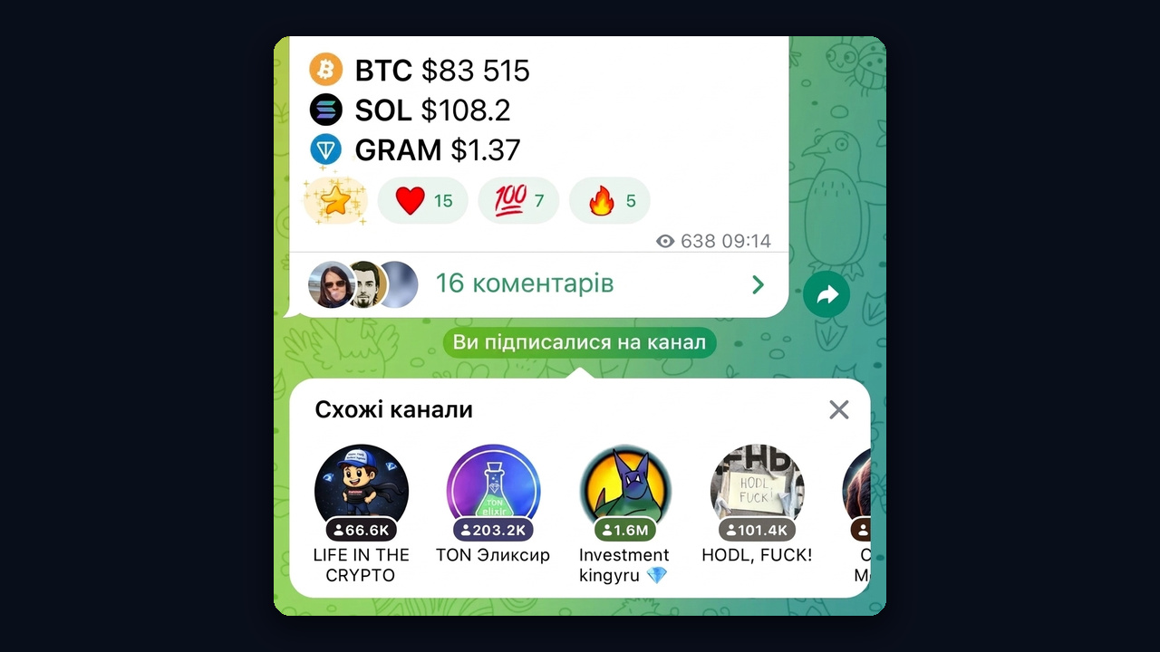 Схожі канали телеграм після підписки на канал