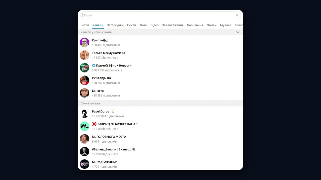 Схожі канали телеграм у глобальному пошуку Telegram Desktop, вкладка «Канали»
