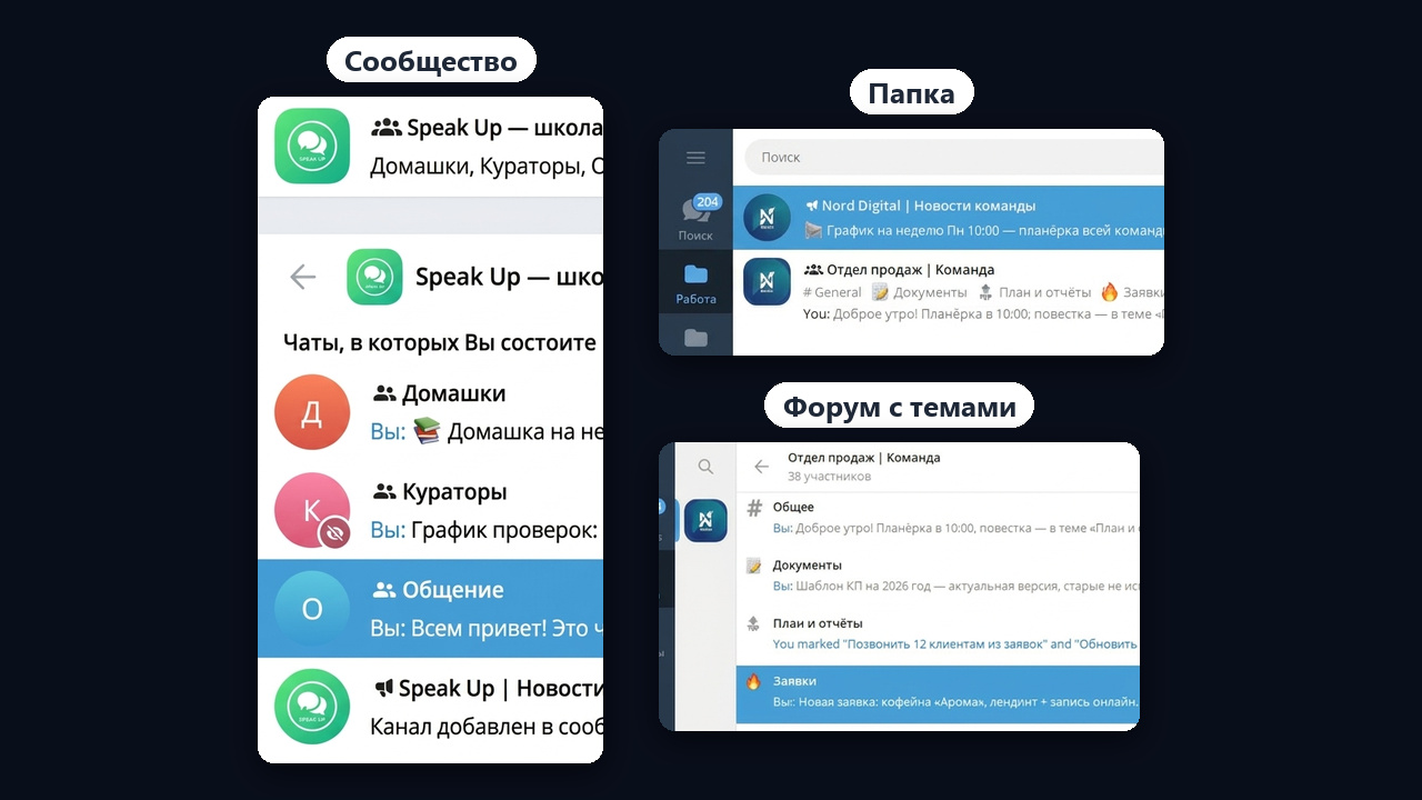 Сообщества в тг, папка и форум с темами рядом: реальные экраны Telegram