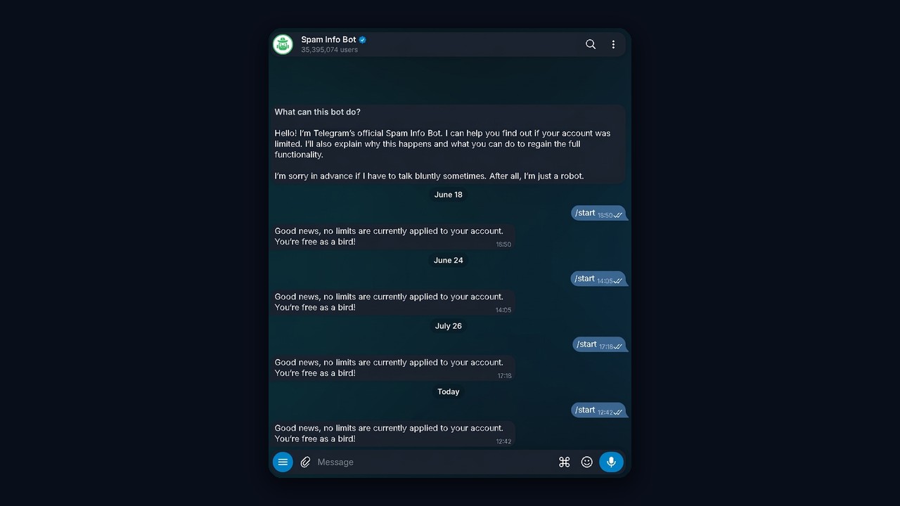 Checking Telegram account limits with @SpamBot
