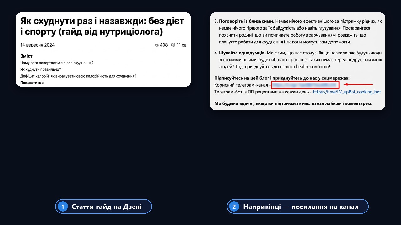 Стаття нутриціолога на Дзені з посиланням на телеграм канал