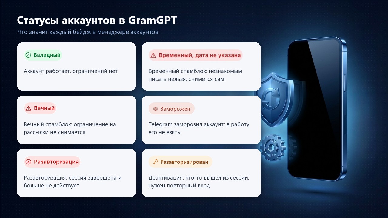 Статусы аккаунтов в GramGPT: валидный, спамблок, вечный, заморожен, разавторизация