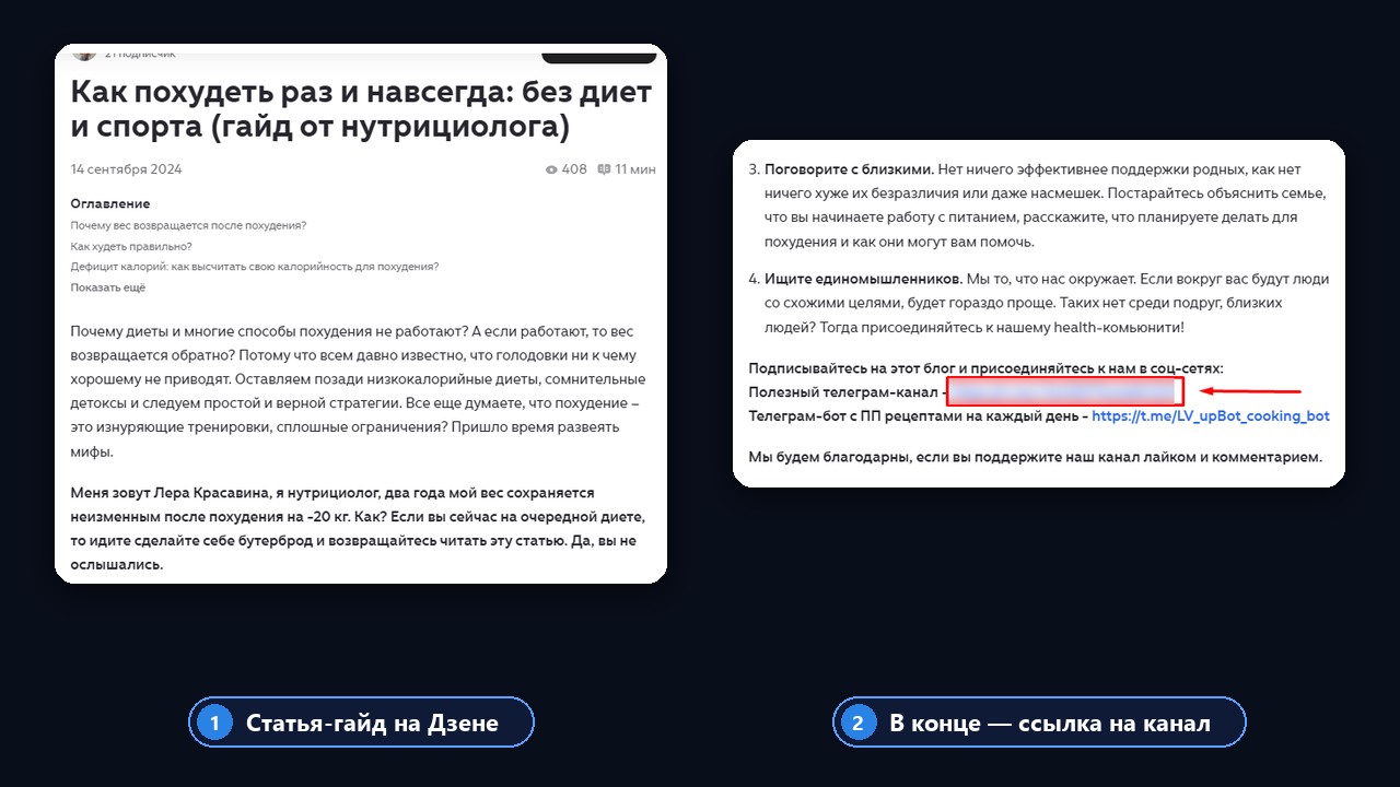 Статья нутрициолога на Дзене со ссылкой на телеграм канал