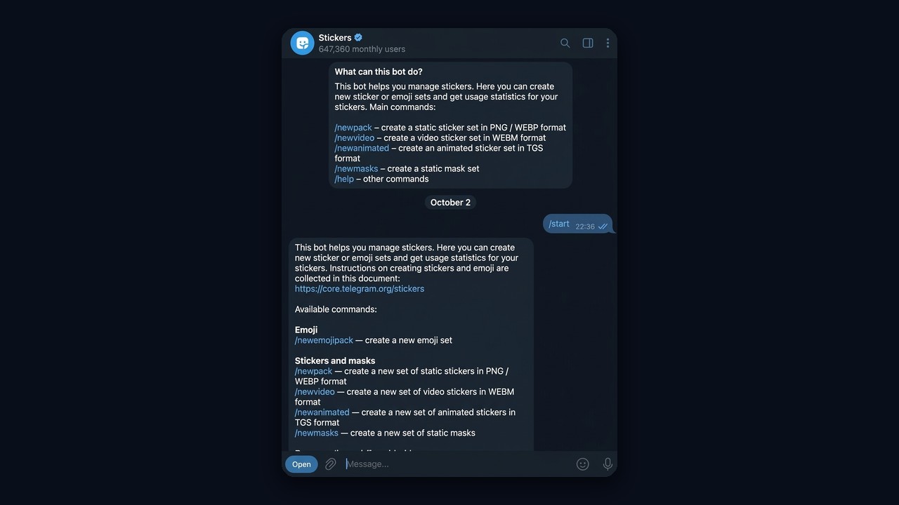 The @Stickers bot: commands to create Telegram stickers