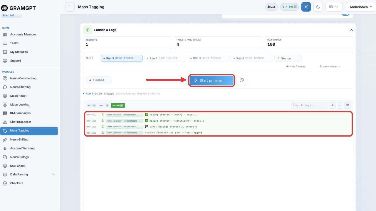 Successful priming run in Story Mentions: the Start priming button and logs of created dialogs