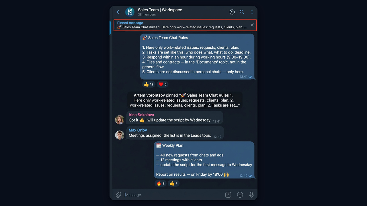 Team chat in Telegram: a sales group with pinned rules and a weekly plan