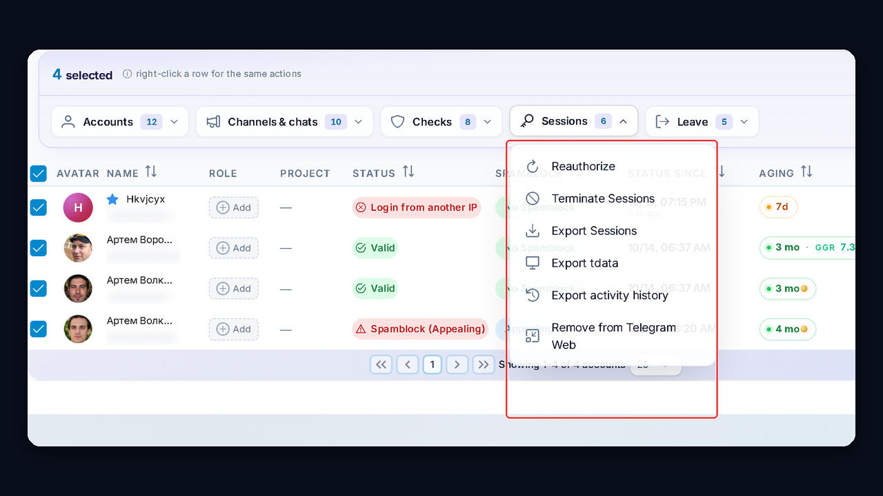 Team sessions in GramGPT: end sessions, export activity history, remove from Telegram Web