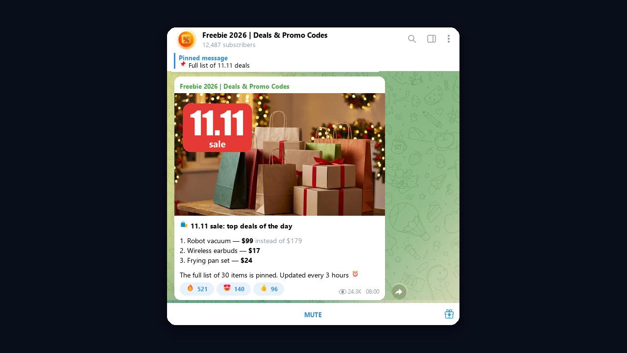 An 11.11 sale post with a pinned list of deals