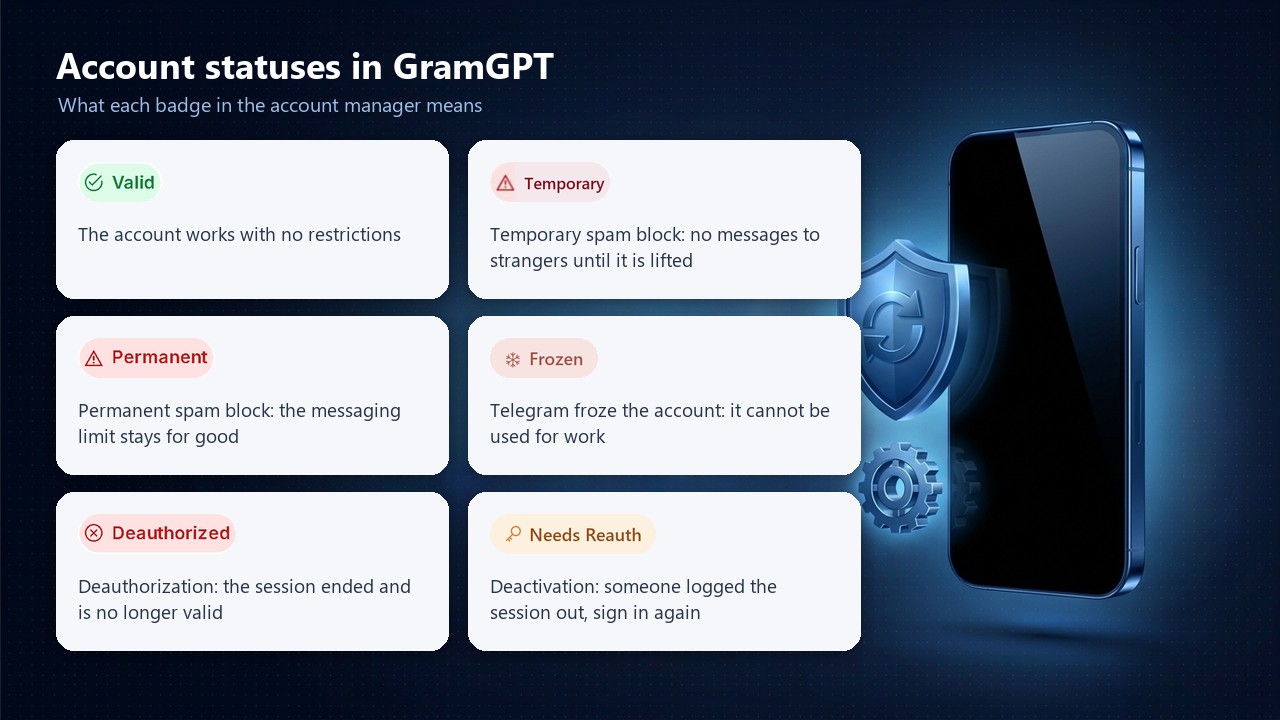 Account statuses in GramGPT: valid, spam block, permanent, frozen, deauthorized