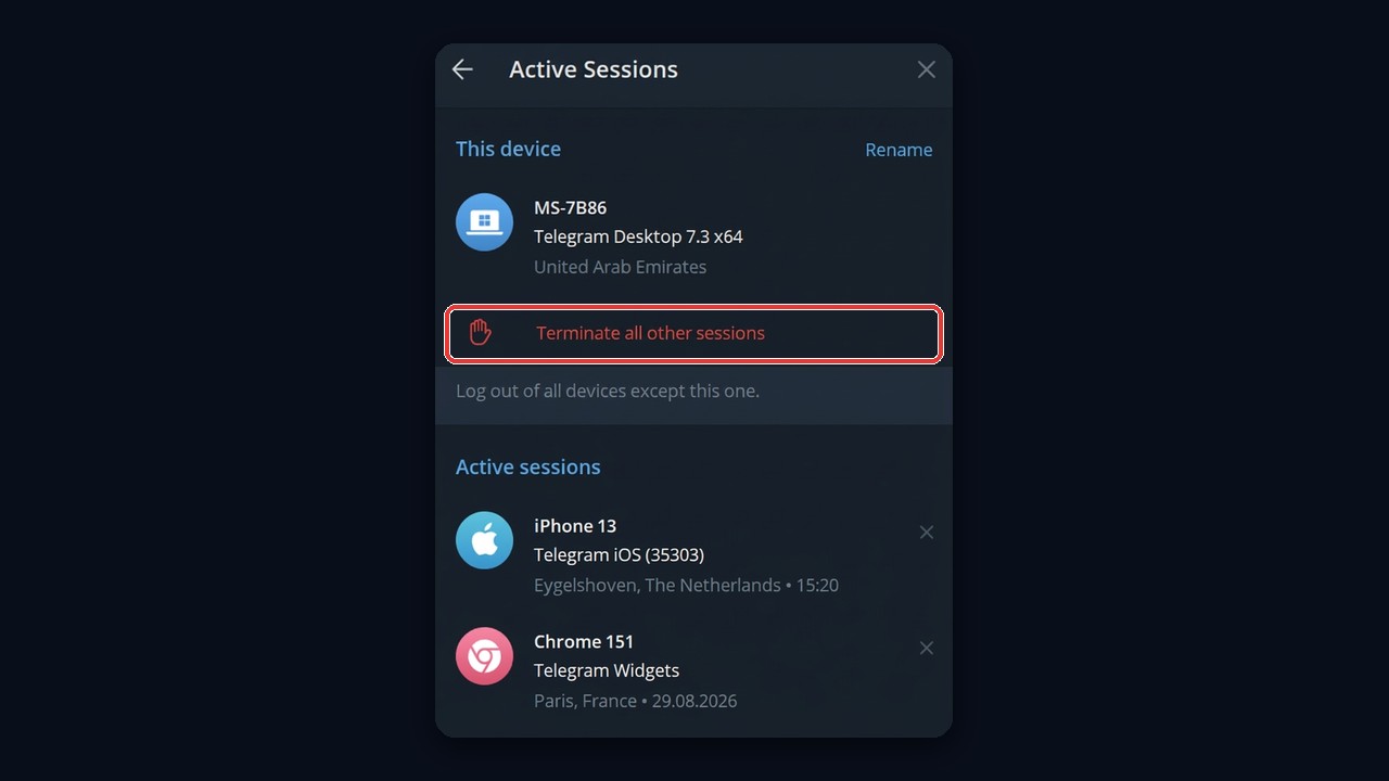 Telegram active sessions: how to tell if Telegram was hacked