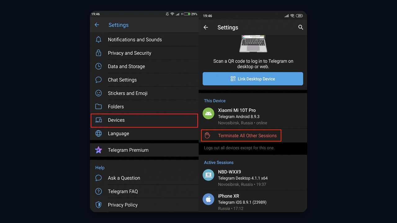 Telegram active sessions: terminate unknown devices