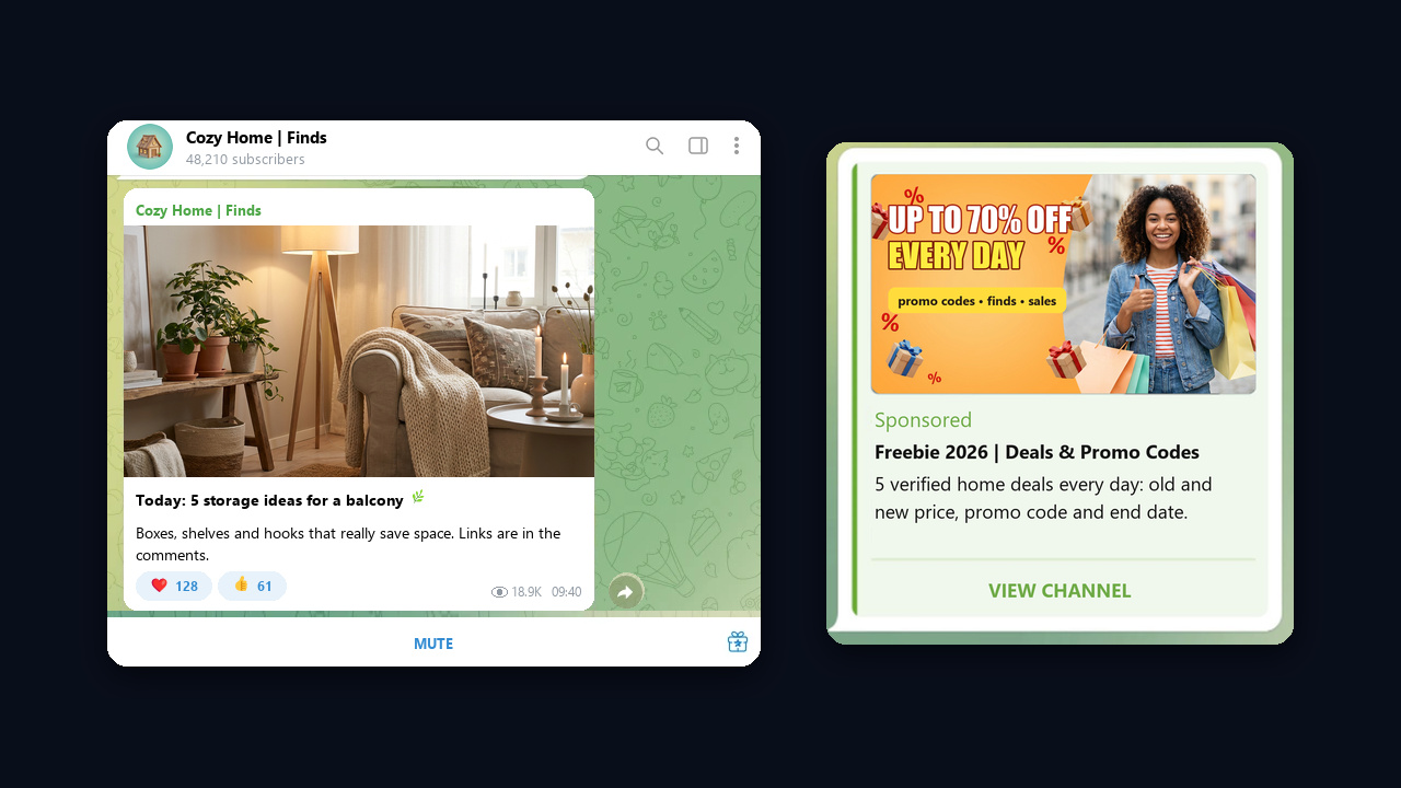 Telegram Ads for a discount channel: a sponsored message up to 160 characters