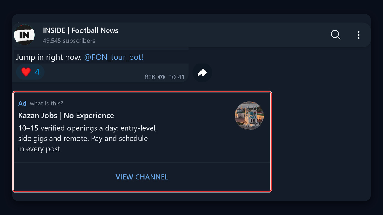 Telegram Ads for a job channel: a sponsored message with a «View channel» button