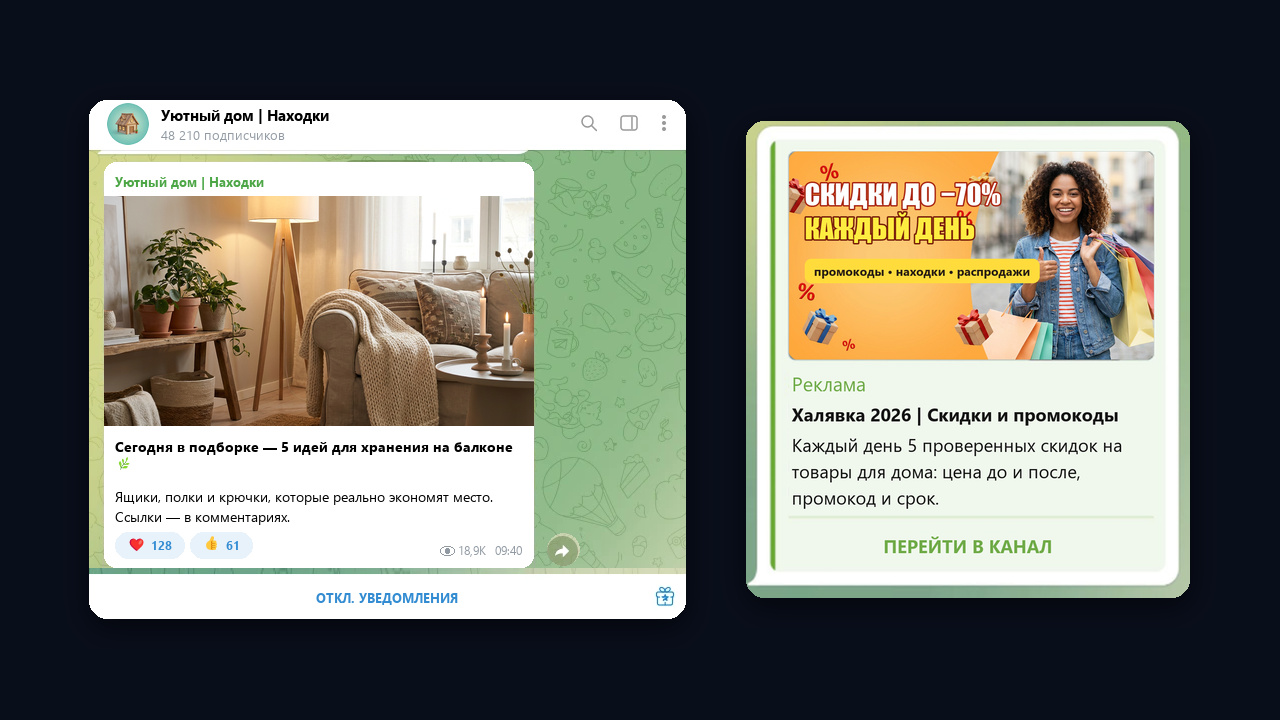 Telegram Ads для канала со скидками: рекламное сообщение до 160 символов