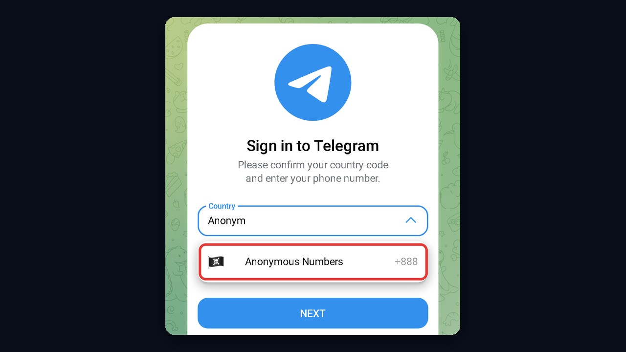 Anonymous +888 numbers in the Telegram sign-up country list