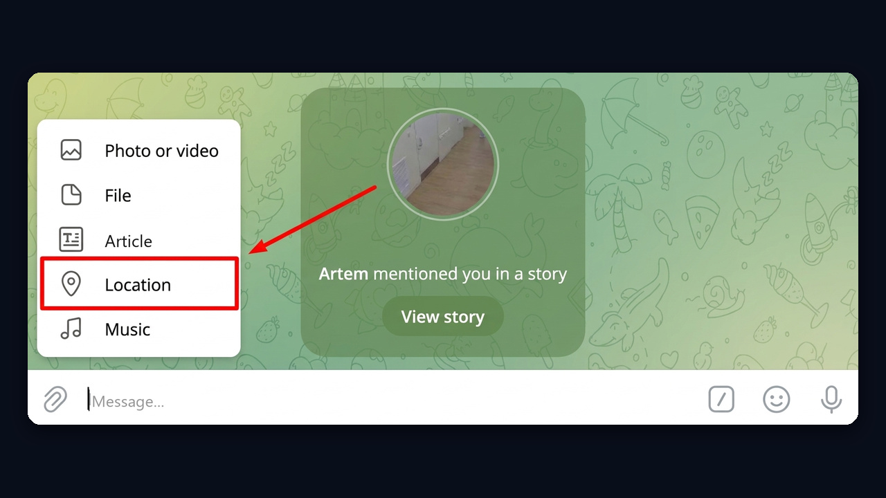 Paperclip → Location in Telegram