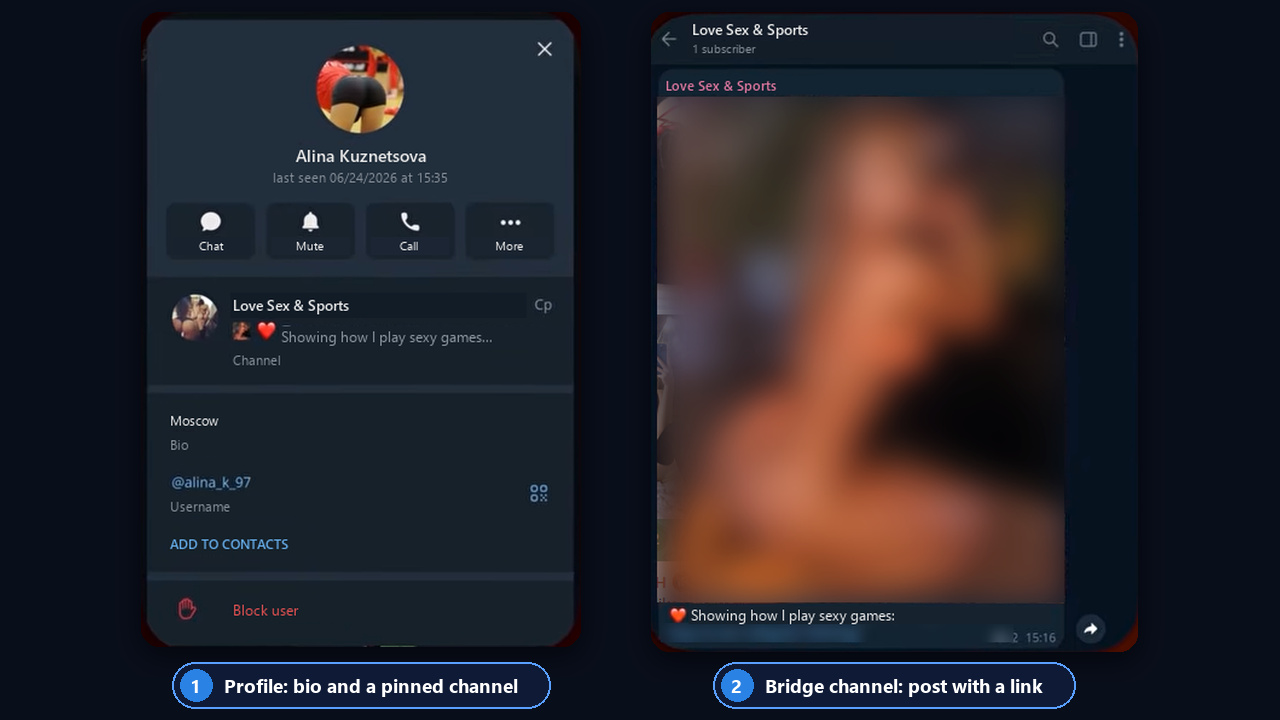 Telegram bio example for an 18+ profile with a pinned bridge channel