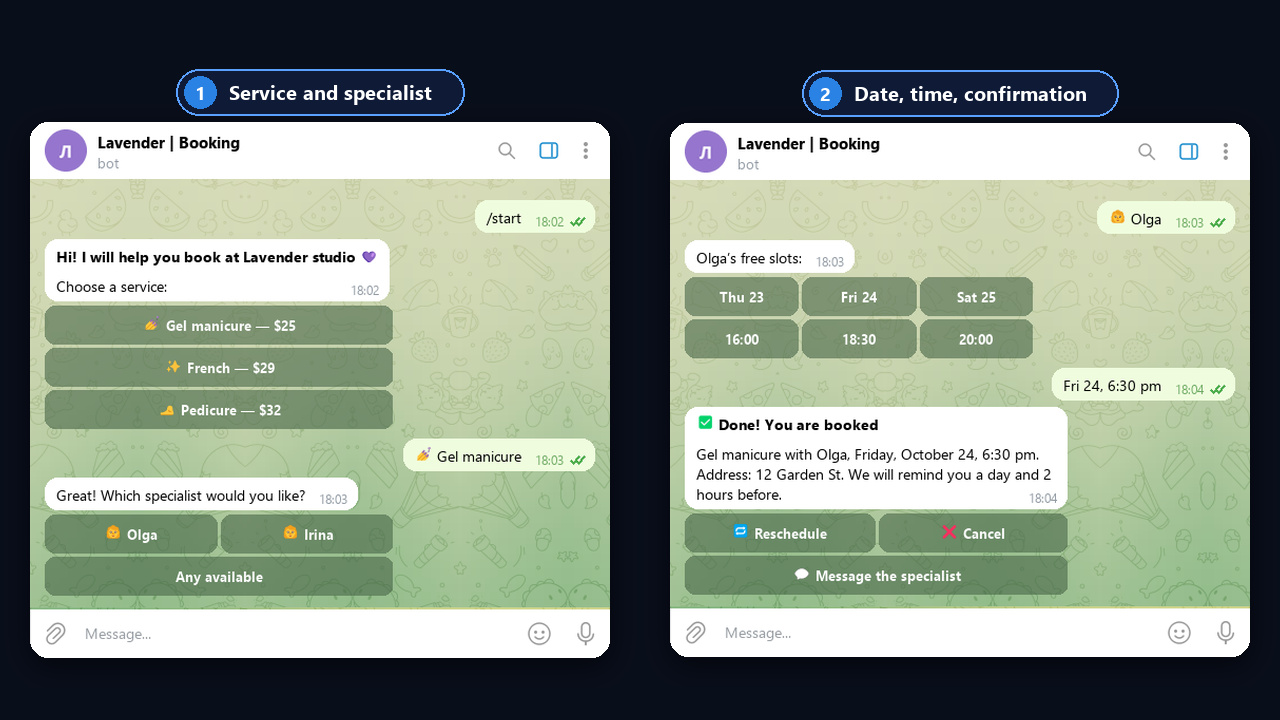 Telegram booking bot: choosing a service, a specialist and a time