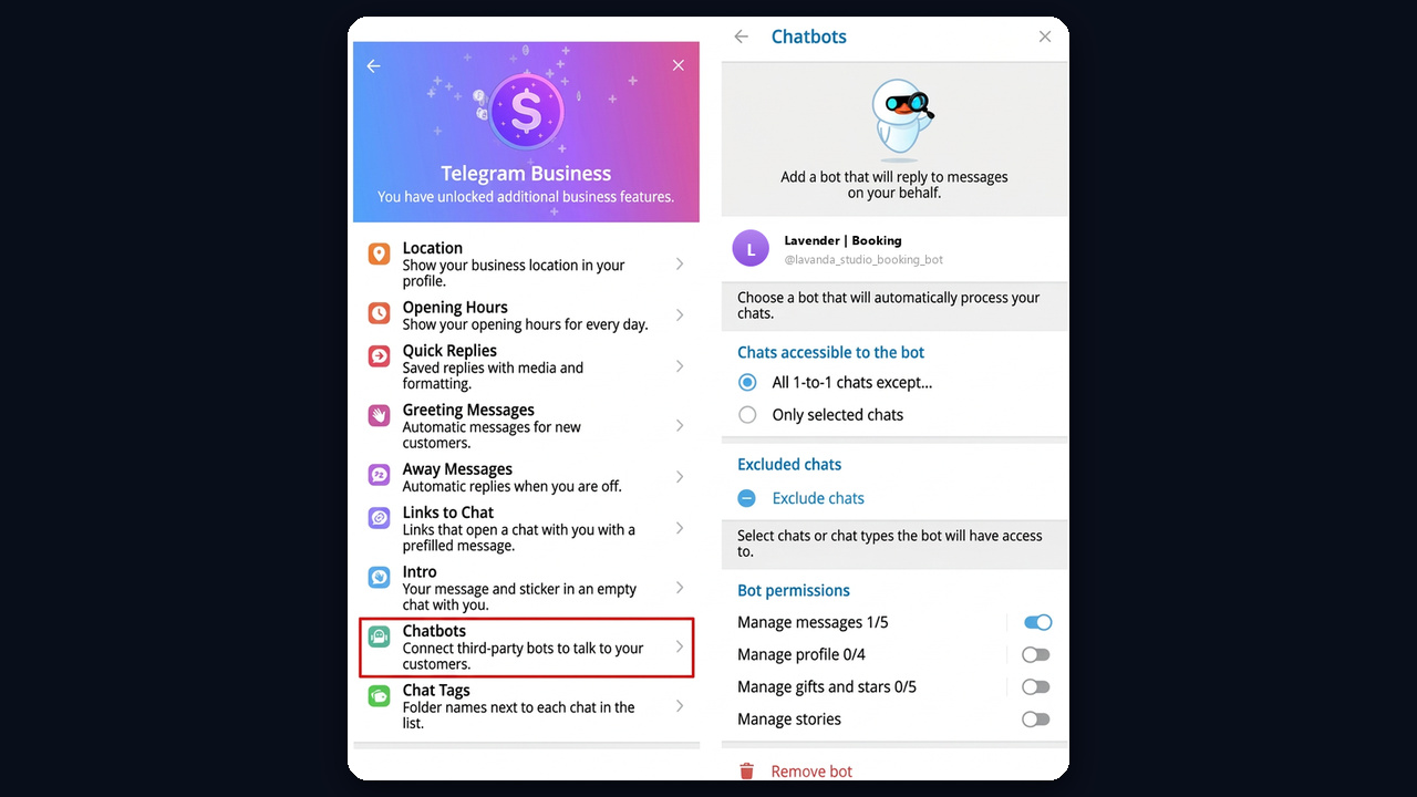 Chatbot for business in Telegram Business