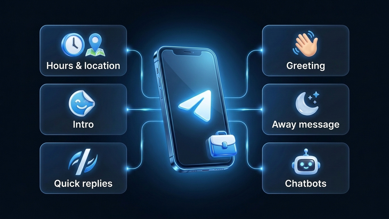 Telegram Business features: hours, location, quick replies, greeting, away message and chatbots
