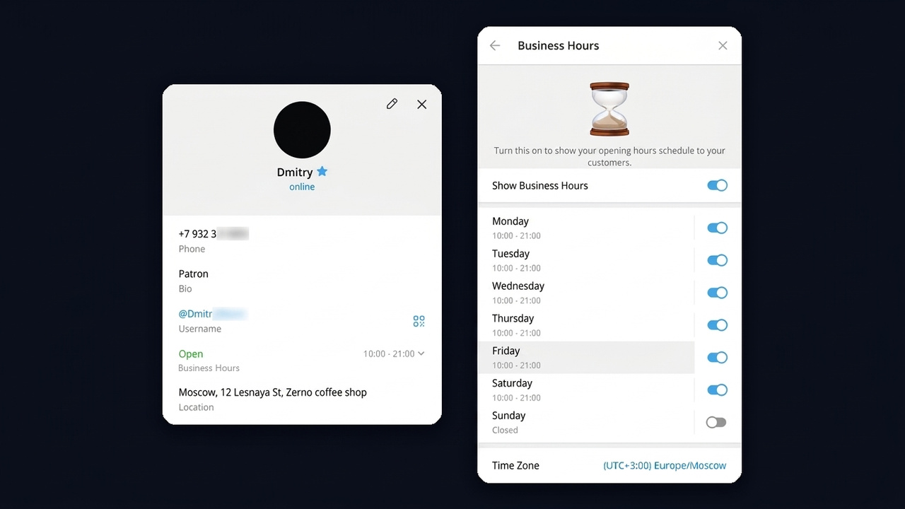 Business hours and location in a Telegram Business profile