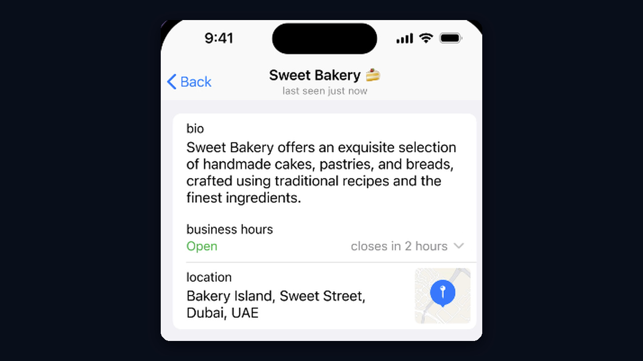 Telegram Business profile: bio, business hours and location