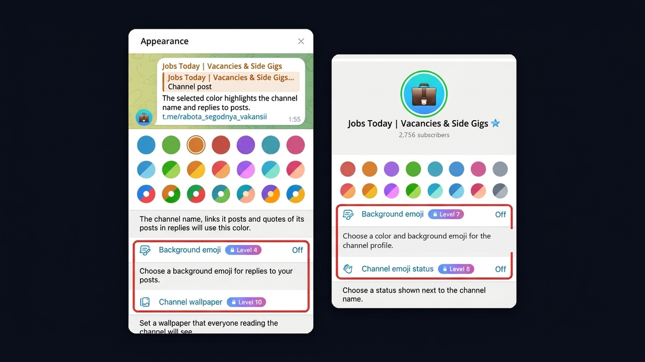 Telegram channel appearance with boosts: colour, background and emoji status