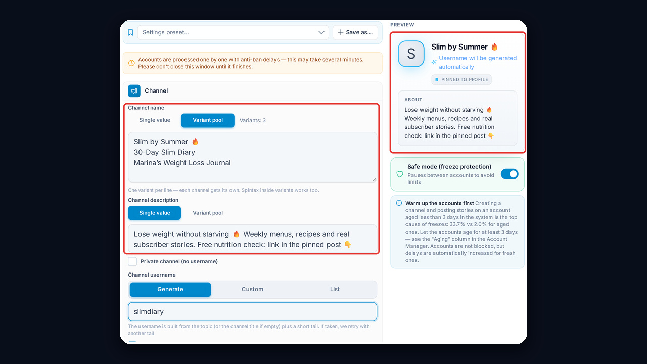 Bulk channel setup in GramGPT: a name pool and Telegram channel description for a nutra channel network