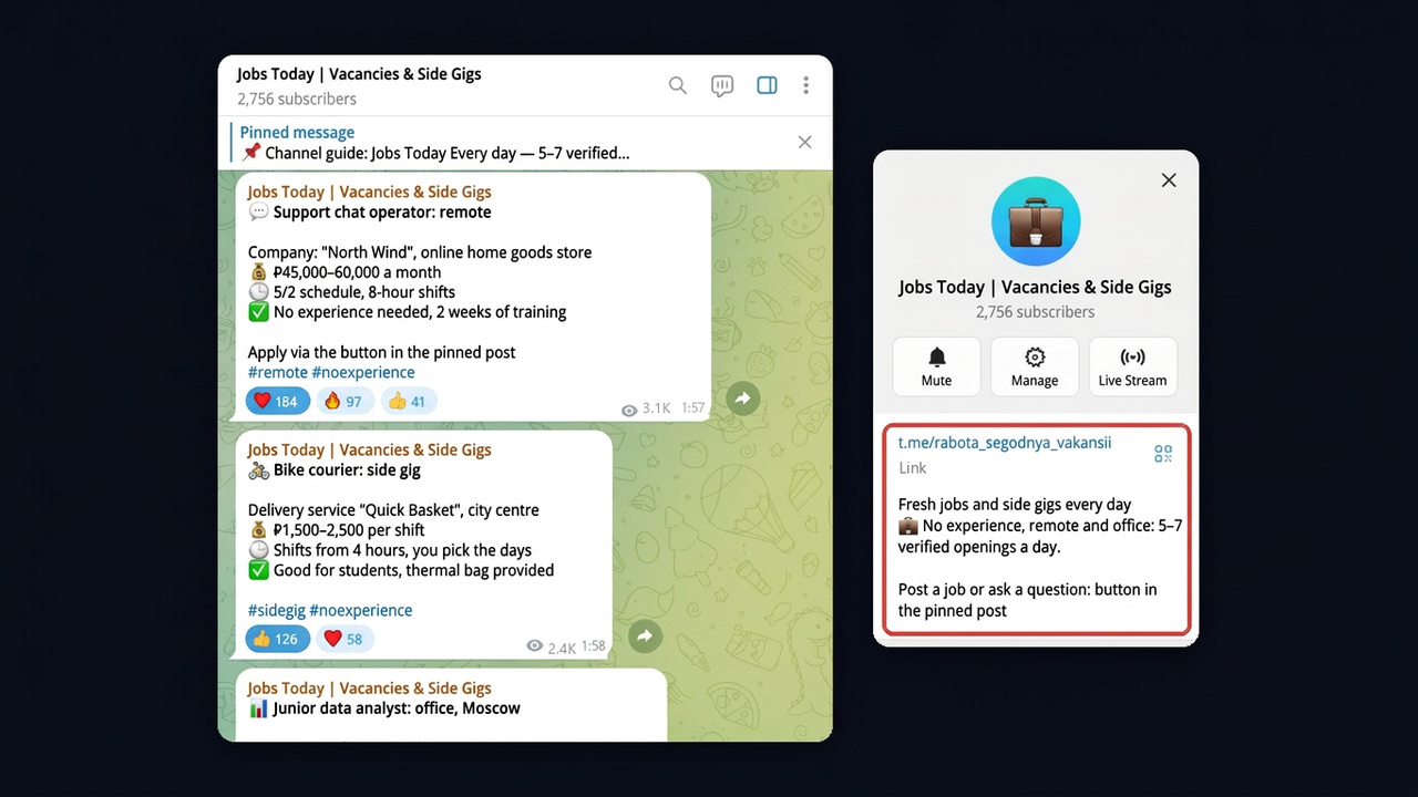 Telegram channel description example: name, link and text in the profile