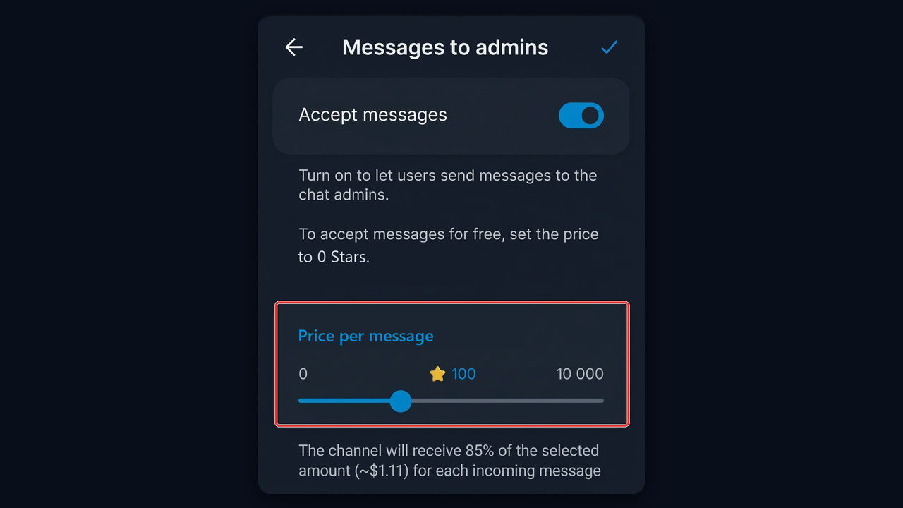 Telegram channel direct messages with a price per message from 0 to 10,000 Stars