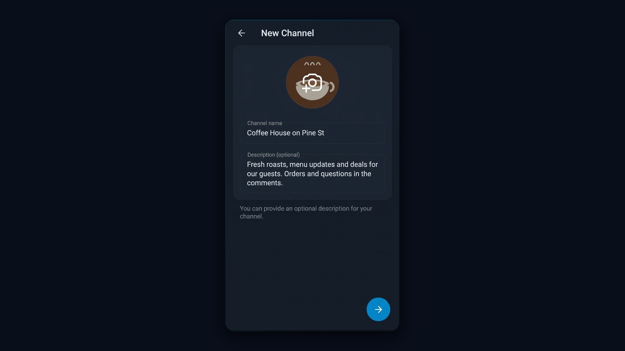 Name, description and avatar of a new Telegram channel