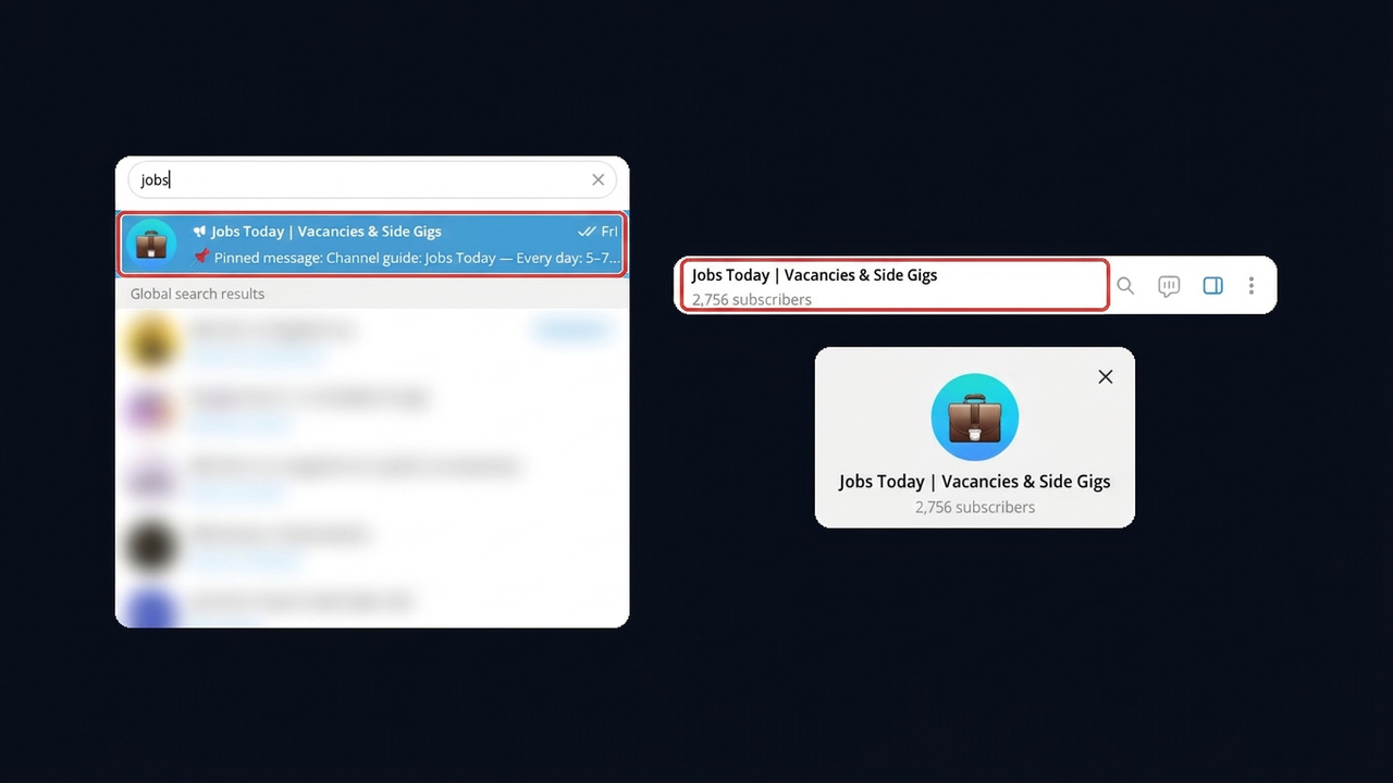 Telegram channel name with the topic word: the job channel shows up in search, 2,756 subscribers in the header