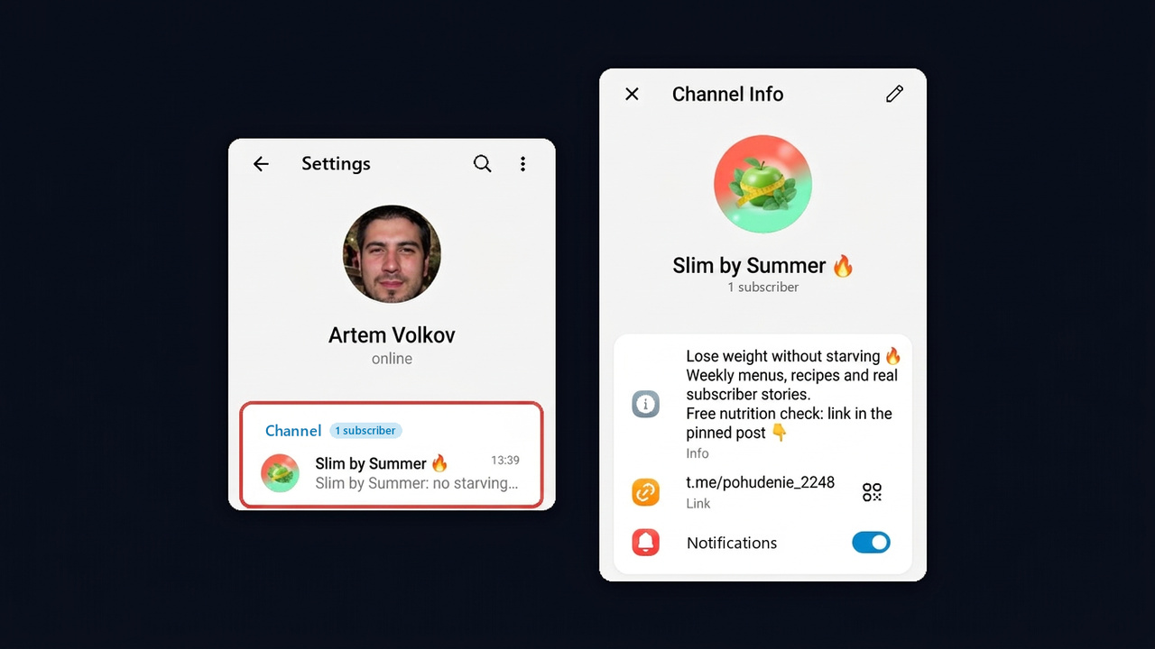 Result in GramGPT: a channel with avatar and Telegram channel description created and pinned to the profile