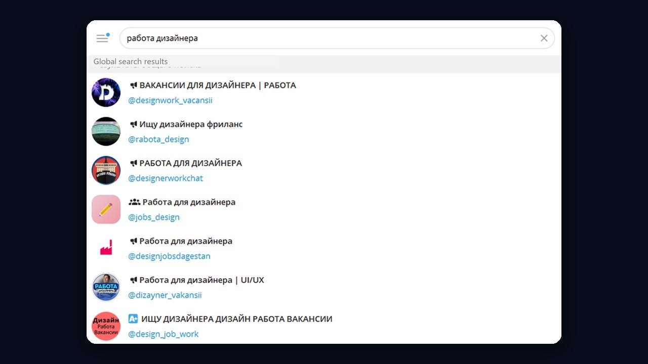 Telegram channel search by keyword in global search