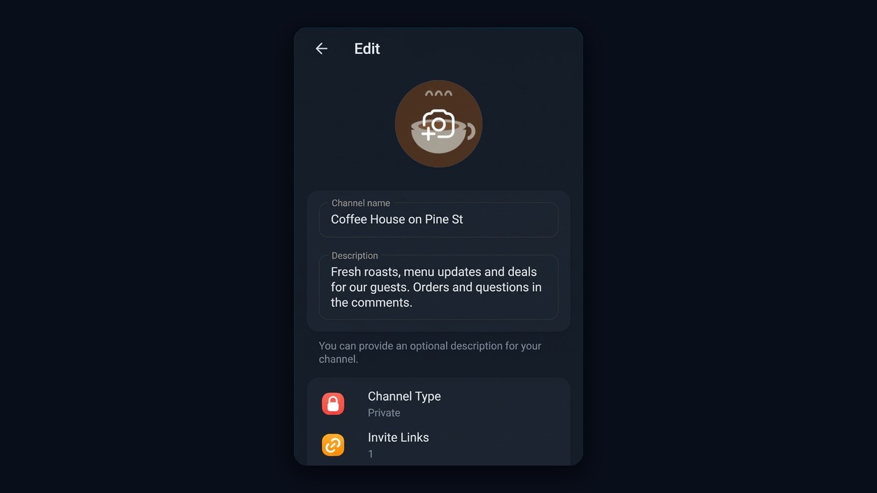 Telegram channel settings after launch