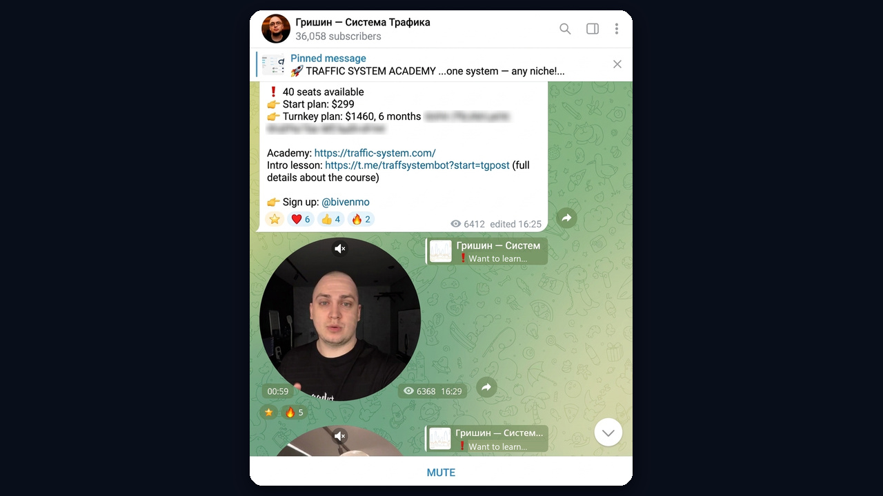 Telegram video messages in a channel: the author's clip reached 6,368 views
